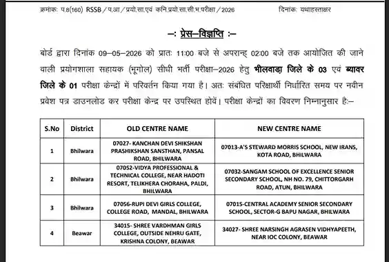 Lab Assistant Exam Bhilwara Centre Change Notice 2026