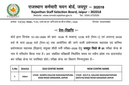 Lab Assistant Exam Jaipur Centre Change Notice 2026